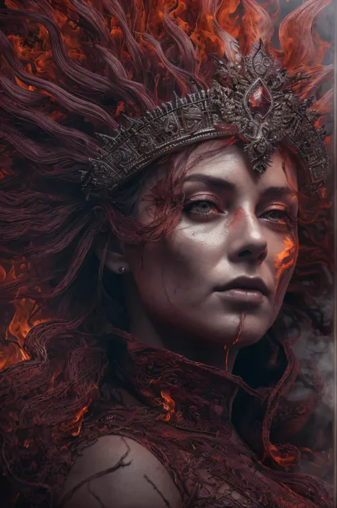 pen and ink. queen made of fire. (ultra-detailed, cg ,unity ,8k wallpaper),(masterpiece), (realistic), (photorealistic:1.2), (ra...