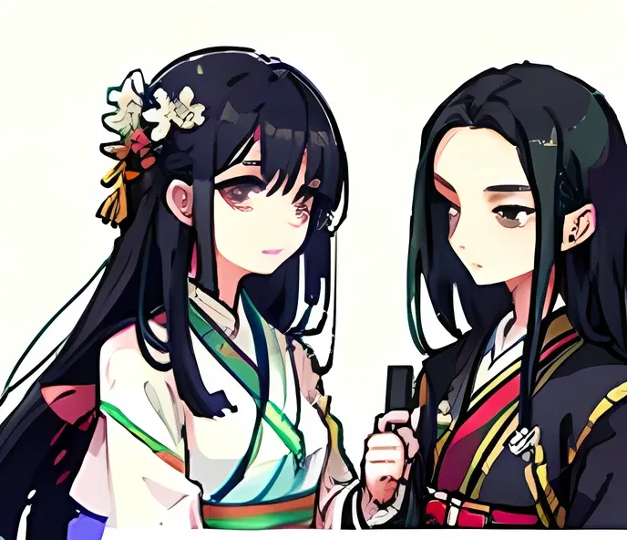 men and women、right（woman）Long Black Hair、Black Hanfu、left（male）White Hanfu、