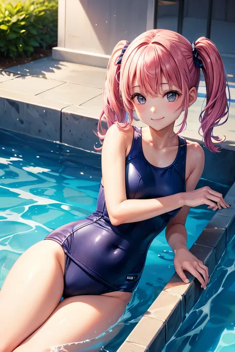 One girl, solo, High resolution, Navy blue school swimsuit、Poolside、Pink Hair、Twin tails、he is short、smile、wave hands