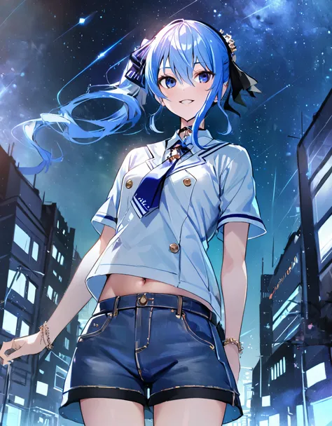 (8k、Best image quality、highest quality、masterpiece)、Detailed face、 1girl、Blue Hair、Long Hair、sideponytail、dark_blue_eyes、smile,(navel:0.6),Moderate_torso、small_breasts,((White T-shirt))、Off the shoulder、Black shoulder straps、(open_front_denim_short_shorts:...