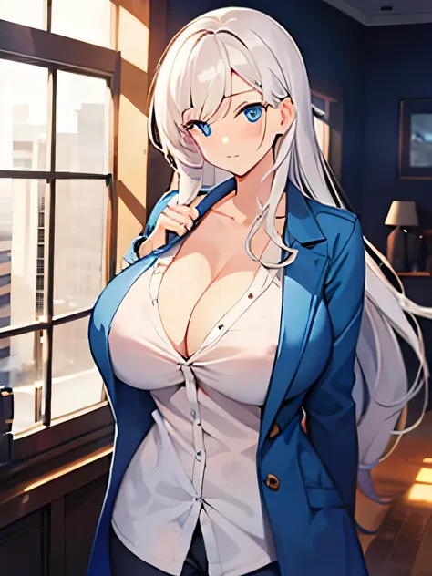 Long white hair, young adult, casual, blue eyes, light coat, female, huge breasts, cleavage, unbuttoned shirt