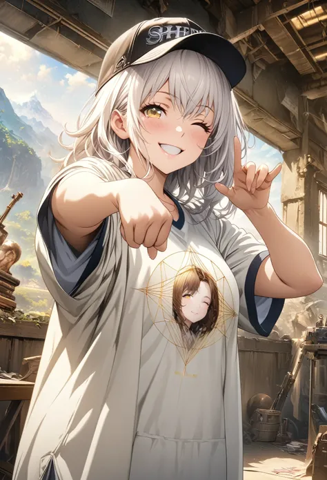 masterpiece, Highest quality, Highly detailed CG Unity 8K wallpapers, High School Girl Anime Illustration. Wear oversized clothing、Gun pose、she has her eyes closed and mouth open, smile. Realistic Backgrounds, 3Dart, white hair color, Yellow Eyes, Anatomic...