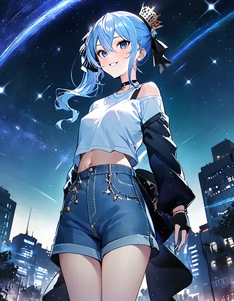 (8k、Best image quality、highest quality、masterpiece)、Detailed face、 1girl、Blue Hair、Long Hair、sideponytail、dark_blue_eyes、smile,(navel:0.6),Moderate_torso、small_breasts,((White T-shirt))、Off the shoulder、Black shoulder straps、(open_front_denim_short_shorts:...