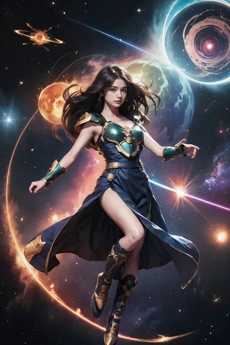 (alone) inconceivable and spectacular an emergency scene of a cloud figure Sophie Turner in a 宇宙の cloud, Fractal nebula chain, Rushing to the rescue of a space ally in danger, forward leaning posture、fly、Space goddess, Responsible Party, whirlwind, spinnin...