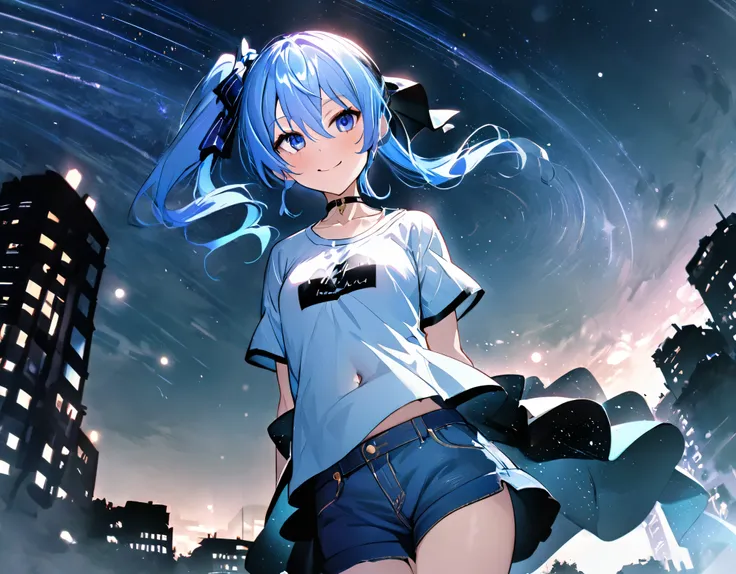 (8k、Best image quality、highest quality、masterpiece)、Detailed face、 1girl、Blue Hair、Long Hair、sideponytail、dark_blue_eyes、smile,(glimps_ of_ navel:0.6),Moderate_torso、small_breasts,((White T-shirt))、Off the shoulder、Black shoulder straps、(open_front_denim_s...