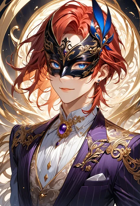 A meticulously crafted anime-style character portrait, capturing a young male with a slender build, dressed in an opulent and luxurious deep purple suit. The suit is elegantly tailored with subtle pinstripes, and is embellished with intricate gold patterns...