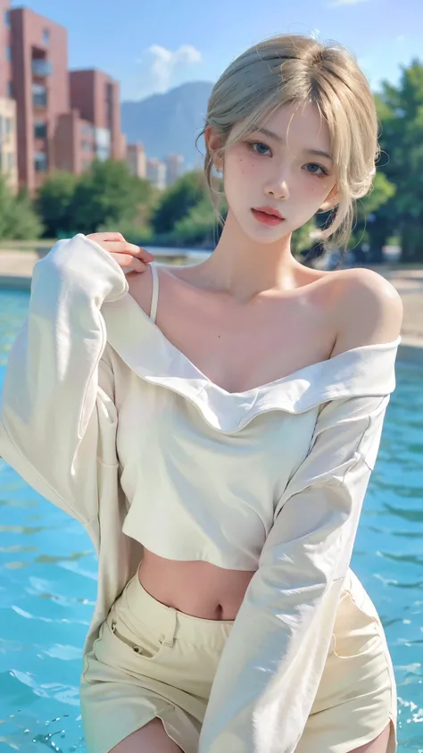 Beautiful woman with perfect figure:1.4，Swimming background，Desert Background，Ultra-high resolution，Seductive laughter，wear glasses，White legs，（lifelike：1.4），Layered Hairstyle，White skin，Black mini pleated skirt，whole body，Very delicate face and skin textu...