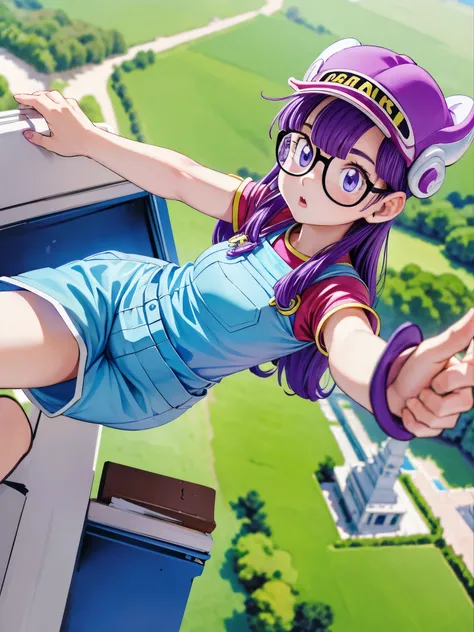 masterpiece, highest quality, Very detailed, 16k, Ultra-high resolution, Cowboy Shot, Detailed face, Perfect Fingers, One girl, Garden of the mansion, arale, glasses, blue eyes, long hair, purple hair, short sleeves, hat, cap, red shirt, blue overalls