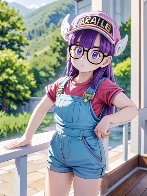 masterpiece, highest quality, Very detailed, 16k, Ultra-high resolution, Cowboy Shot, Detailed face, Perfect Fingers, One girl, Garden of the mansion, arale, glasses, blue eyes, long hair, purple hair, short sleeves, hat, cap, red shirt, blue overalls