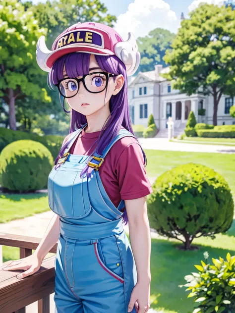 masterpiece, highest quality, Very detailed, 16k, Ultra-high resolution, Cowboy Shot, Detailed face, Perfect Fingers, One girl, Garden of the mansion, arale, glasses, blue eyes, long hair, purple hair, short sleeves, hat, cap, red shirt, blue overalls