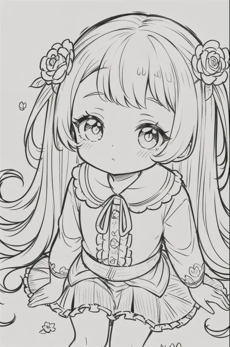 Masterpiece, Top Class, Unique, White Rose, Line Art Background, White Background, Monochrome, Line Drawing, ((Sketch)), Detail face, line drawing baby, half, skirt, white hair, camellia flowers, white background, portrait, leaning over and looking at you.