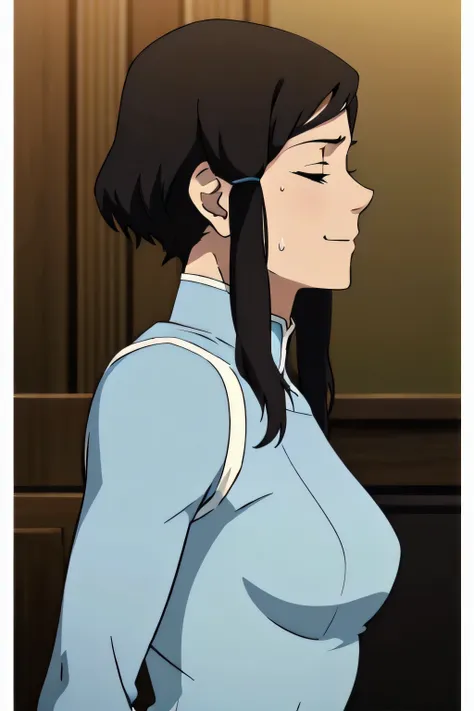 korra,1girl, solo, upper body, side view, viewed from side, smile, sensual expression,eyes closed,leaning forwards,leaned forwar...