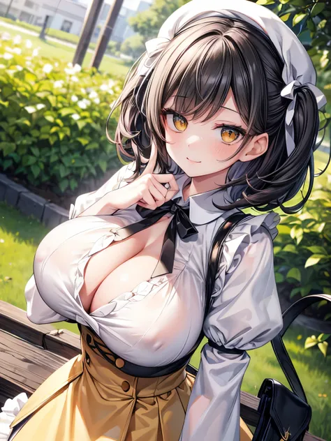 Highest quality,Ultra-high resolution,Super detailed,(gigantic breasts:1.2),Detailed beautiful eyes,Short Hair,(Black Hair,Two Side Up:1.3),(Yellow big eyes),jitome,A very happy smile,Open your mouth wide,View Viewer,BREAK,(White blouse,Button-up blouse,Ju...