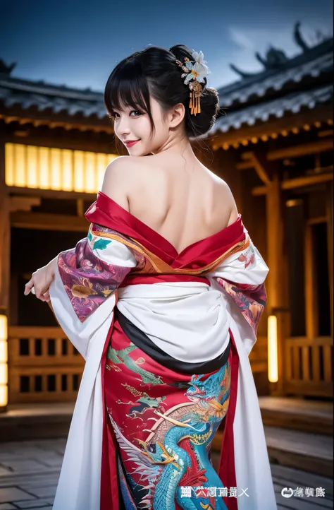 8K Ultra HD, Digital SLR,Film Grain, Fujifilm XT3,(Highest quality:1.3), (masterpiece:1.1), High resolution, Cinematic Light, Intricate details, (Realistic) (Night view) Realistic backlight、ドラマチックなredトーンの光、Beautiful Japanese Geisha full body photo, ((Facia...