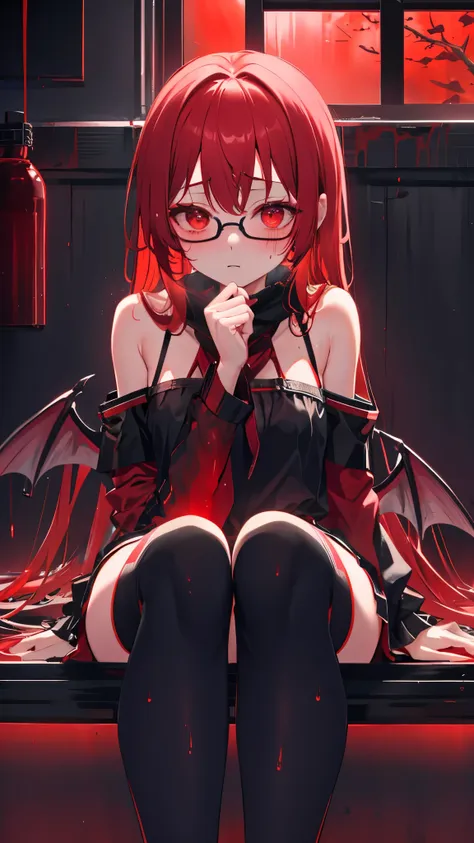 underdressing，red eyes，sweat，soaked，liquid，transparent，cropped tops，succubus，black，stocking，glasses，sitting