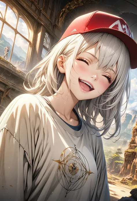 masterpiece, Highest quality, Highly detailed CG Unity 8K wallpapers, High School Girl Anime Illustration. Wear oversized clothing、she has her eyes closed and mouth open, smile. Realistic Backgrounds, 3Dart, white hair color, Yellow Eyes, Anatomical Finger...