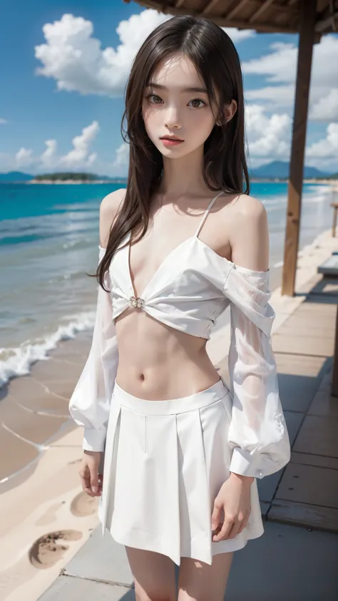 Twins, two Japanese high school girls、Standing with the sandy beach in the background、(((flat chest))), (flat chest:1.1)、(((masterpiece))), best quality, illustration, (teenage girls), white long hair, beautiful detailed brown eyes, white long straight hai...