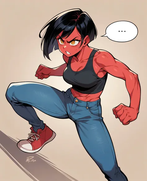 High angles,A teenage Rhood girl named Redna Clareta in a comic book style. She has short black hair in a bob cut, golden amber eyes, athletic,and a rebellious expression. She has a streetwear style, a vivid red skin tone, and is known for being outspoken....