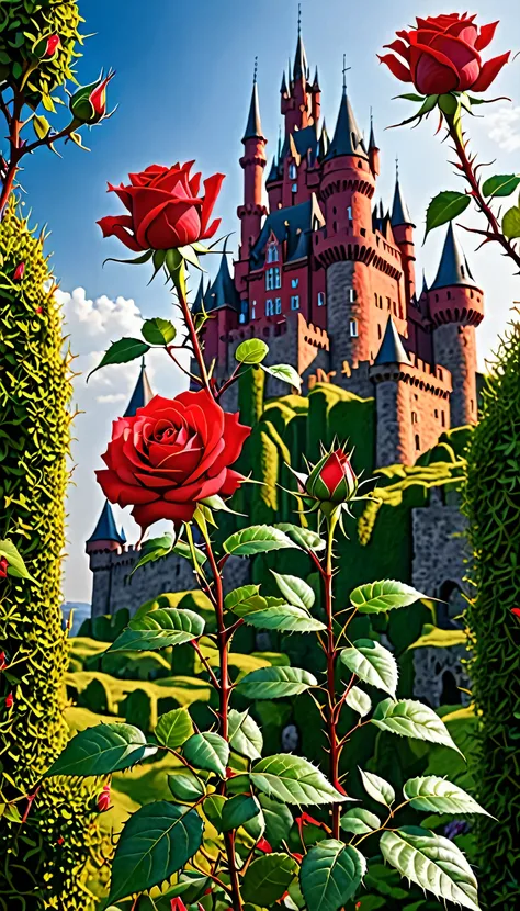 A bright red rose bloomed、surrounded by very sharp and thorny thorns、Fantastic image of a reddish castle. Very detailed, Ultra-high resolution, masterpiece