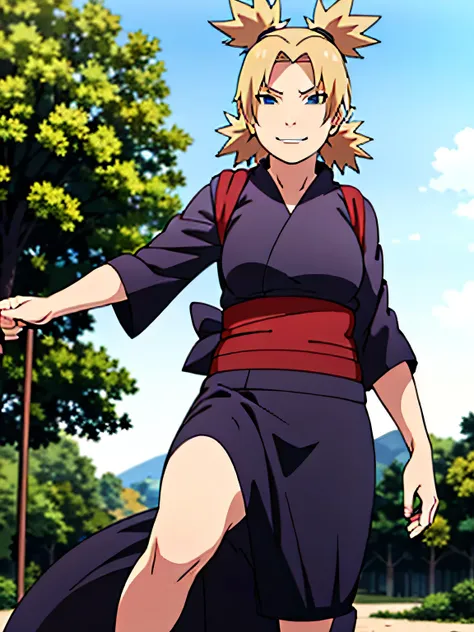 1 woman, ytemari, blonde hair, quad tails, blue eyes, fishnet,((black clothes,black yukata)), sash, line art, laugh, front view,...