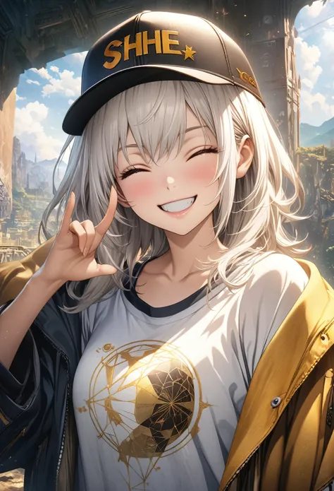 masterpiece, Highest quality, Highly detailed CG Unity 8K wallpapers, High School Girl Anime Illustration. Wear oversized clothing、she has her eyes closed and mouth open, smile. Realistic Backgrounds, 3Dart, white hair color, Yellow Eyes, Anatomical Finger...