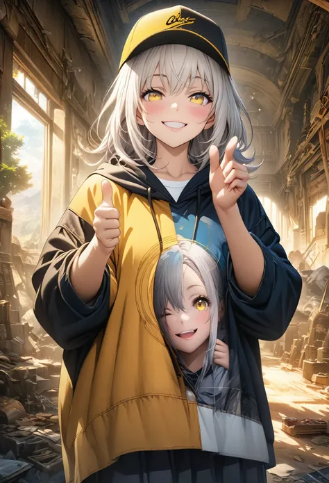 masterpiece, Highest quality, Highly detailed CG Unity 8K wallpapers, High School Girl Anime Illustration. thumbs up, Wear oversized clothing、she has her eyes closed and mouth open, smile. Realistic Backgrounds, 3Dart, white hair color, Yellow Eyes, Anatom...