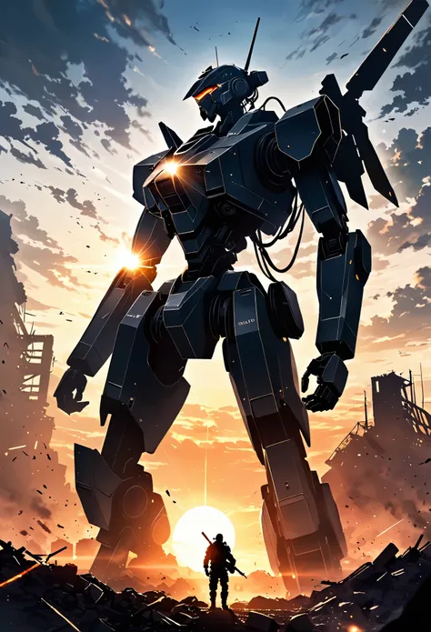 after the fierce battle、a collapsed and broken combat robot、the setting sun shines on the robot、backlight by the setting sun、a s...