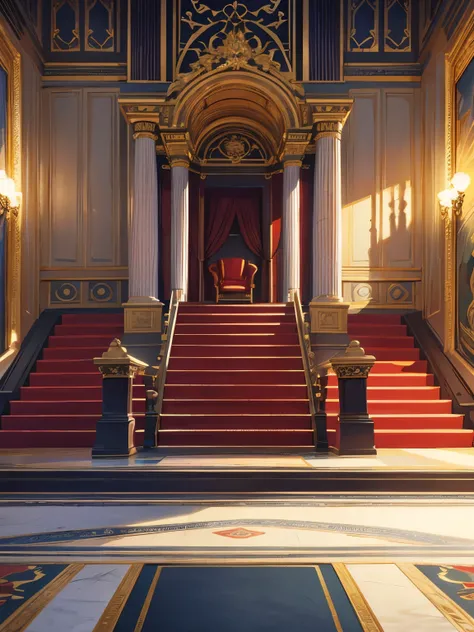 (masterpiece, highest quality:1.2, 8k yen, Ultra-high resolution), animation, illustration, Professional Lighting, Cinema Lighting, ((indoors, ultra realistic & detailed throne room, red King chair on the steps, gorgeous & magnificent chair, ultra realisti...