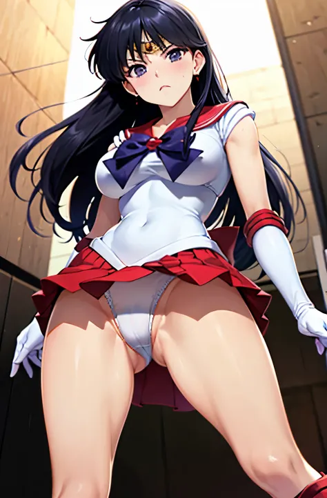 Sailor Mars、Rei Hino、Cosplay、Red mini skirt、Pleated skirt、White knee-high boots、No sleeve、Tank top、White long gloves、White panties、(Panty shot)、Chirarizum、Big Breasts、Thighs、Beautiful feet、Beautiful buttocks、Black Hair、Beauty、Low - Angle、Embarrassed expres...