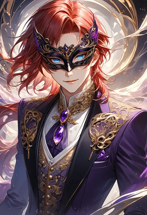 A meticulously crafted anime-style character portrait featuring a young male with a slender build, dressed in an opulent and luxurious deep purple suit. The suit is elegantly tailored with subtle pinstripes and embellished with intricate gold patterns and ...