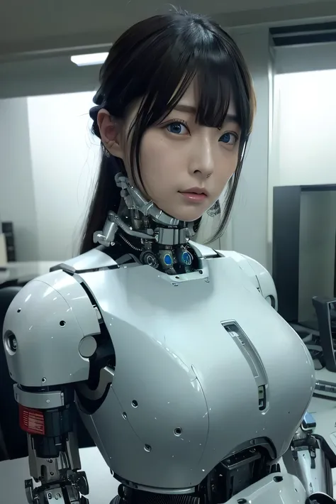 masterpiece, best quality, extremely detailed,  Japaese android girl,Plump , control panels,android,Droid,Mechanical Hand, Robot arms and legs, Black Robot Parts,Black hair,Mechanical body,Blunt bangs,White robotics parts,perfect robot girl,future informat...