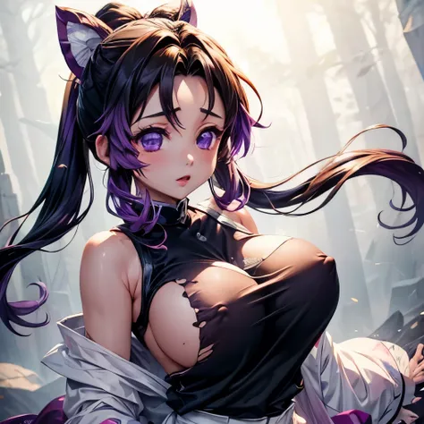 nsfw:1.5,Shinobu kocho from demon slayer in 8k, High definition anime images, Super detailed, cute, very cute, blush, Black Sleeveless Tops, Mid-chest, masterpiece , 8k, Sleeveless tops, Torn clothes, No cape, Black Top, Sleeveless tear,super high quality,...