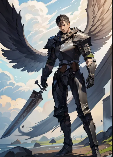 1man, (adult face),adult,black hair,short hair,scar in eye,black eye, serious face, smile, armor, angel, angel wings,war field,standing, looking at viewer,holding a claymore, masterpiece,extremely detailed CG unity 8k wallpaper, best quality,8K,focus sharp...