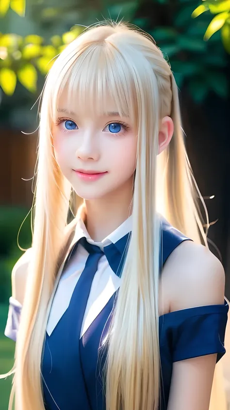 Portrait、School uniform、Bright expression、ponytail、Young, lustrous, glowing, white skin、The best beauty、Blonde reflection、Platinum blonde hair with dazzling highlights、Shiny bright hair,、Super long silky straight hair、Shiny beautiful bangs、Sparkling, trans...
