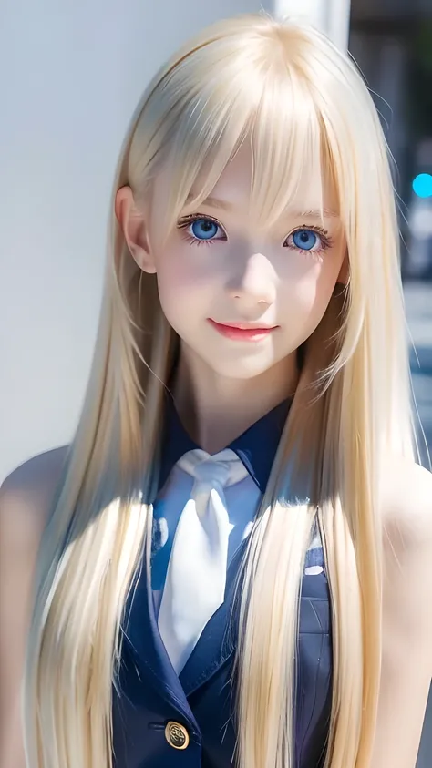 Portrait、School uniform、Bright expression、ponytail、Young, lustrous, glowing, white skin、The best beauty、Blonde reflection、Platinum blonde hair with dazzling highlights、Shiny bright hair,、Super long silky straight hair、Shiny beautiful bangs、Sparkling, trans...