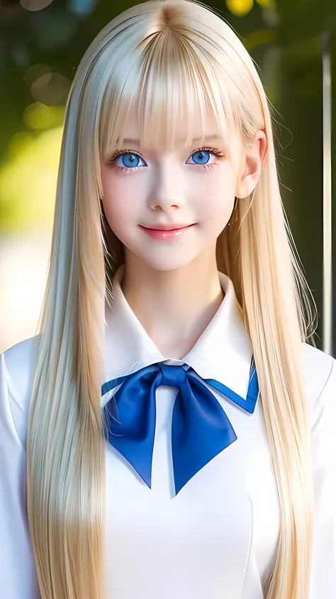 Portrait、School uniform、Bright expression、ponytail、Young, lustrous, glowing, white skin、The best beauty、Blonde reflection、Platinum blonde hair with dazzling highlights、Shiny bright hair,、super long silky super long straight hair、Shiny beautiful bangs、Spark...