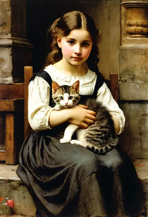 painting of a girl holding a cat and a kitten in her lap, by Karl Lemoch, by Marie Krøyer, by Albert Anker, by Wilhelmina Weber Furlong, by Hubert von Herkomer, berthold woltze, she is holding a cat in her arms, holding a cat, adolf hiremy - hirschl, by Lu...