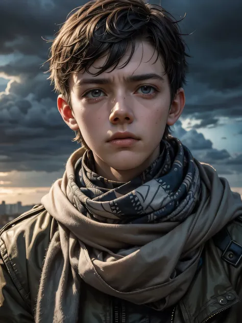 Extreme close-up, Asa Butterfields face, square on, looking directly at viewer, very pale eyes, looking up, looking scared, frightened, brightly patterned keffiyeh, multicam jacket, stormy sky