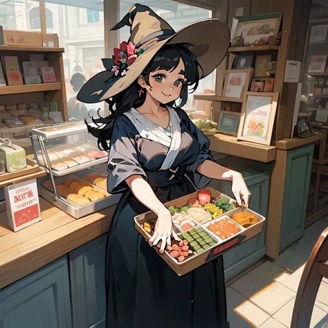 Illustrations for childrens picture books,realistic, detailed illustrationn the heart of a bustling shopping street, a plump witch in her 60s is preparing to open her Happy Bento Shop. 60 years old, black hair, She has a warm, kind expression, with a round...