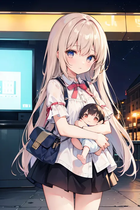 1 girl in summer clothes is shy holding a cute baby,
In front of the station at night, High resolution, 