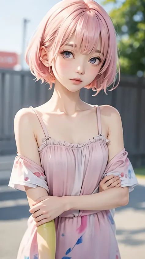 (((Blurred background、Watercolor style background)))、A girl、１６talent、anatomy、Light pink eyes、#11: Loose Low Ponytail、Light pink hair、Small Breasts、Black open collar dress、Transparent lace dress、translucent、Random pose、best quality、high resolution、high reso...