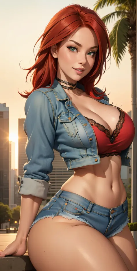 ((Thick tights)) ((big ass)) ((wide hips)) ((large sagging breasts)) ((1 girl with a mischievous smile)) ((hot sexy)) ((red hair punk style bob)), green eyes, straight hair, extremely sexy body, choker, (((wearing a top for stylish jacket bottom, bold lace...