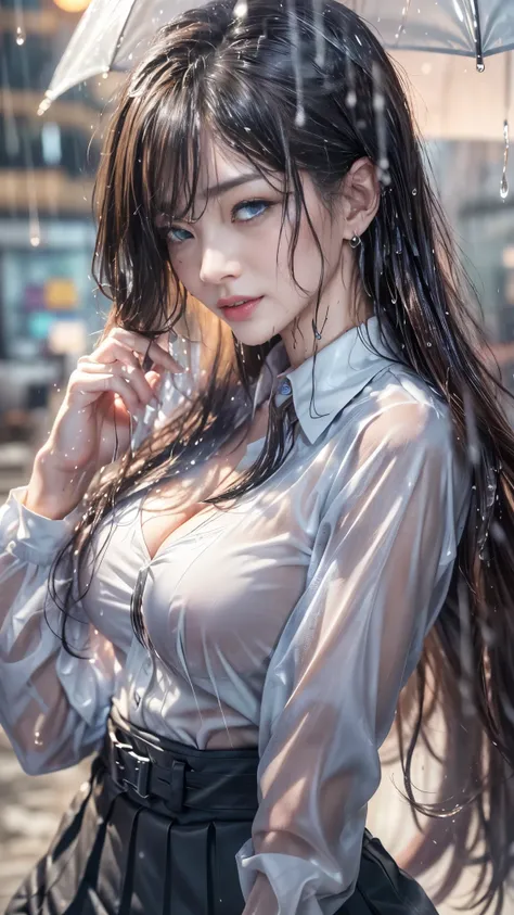 (RAW shooting, Photorealistic:1.5, 8k, Highest quality, masterpiece, Ultra-high resolution), Perfect dynamic composition:1.2, Modern city street corner at night, emotion:1.3, (((Typhoon torrential rain)), Highly detailed skin and facial textures:1.2, A gla...