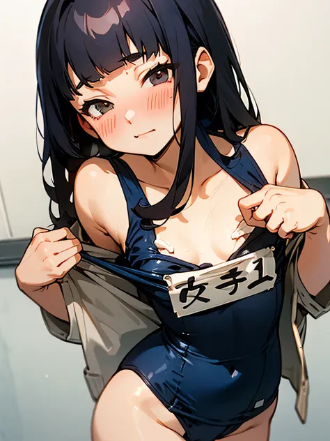 nsfw,,solo,long straight black hair with (blunt bangs),slight blush on her cheeks,  (hard pulls down:1.2 wearing school swimsuit),Enchanting chest