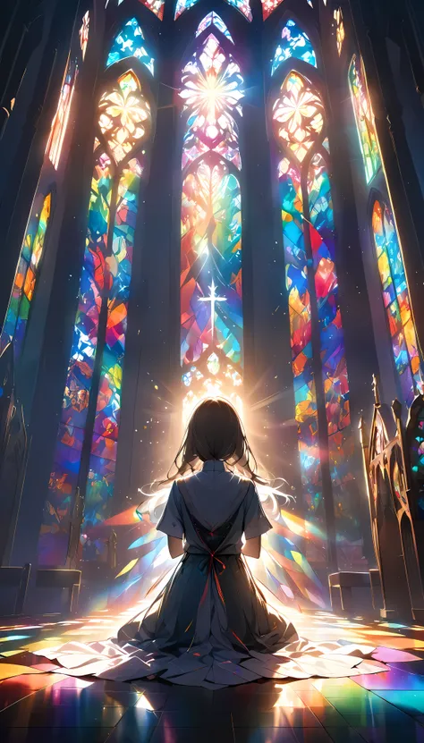 backlight, a sister praying with her back turned, backlightを浴びたシルエット, the richly colored light that shines through the stained g...