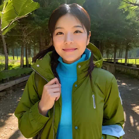 Outdoor long sleeve medium weight base layer、sleeveless summer jacket、A female hiker wears outer shorts over base layer long pants and carries a backpack.、Smile and take a break on the mountain trail