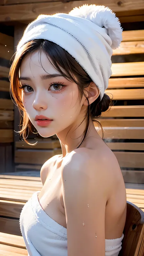 1Girl, Solo, (Masterpiece, Best Quality, 8K,,Photorealistic, real girl, mulberry:1.37), looking up at viewer, 1 dainty Japan, Slender body type: 1.1, Small breasts, Sitting, sauna, Double eyelids, Droopy Eyes, A dark-haired, (Sweaty face, Sweaty body: 1.2)...