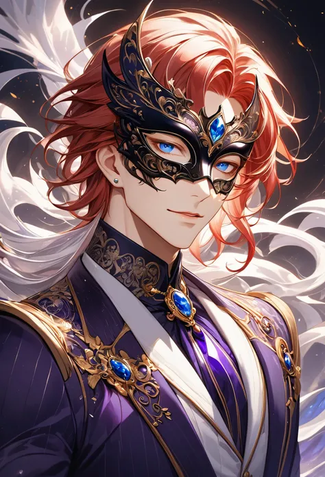A meticulously crafted anime-style character portrait featuring a young male with a slightly more muscular build, dressed in an opulent and luxurious deep purple suit. The suit is elegantly tailored with subtle pinstripes and embellished with intricate gol...