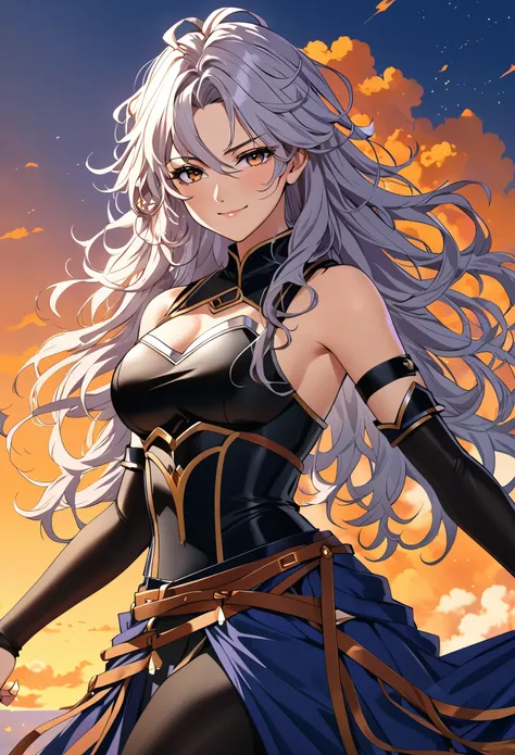 (masterpiece), (high resolution, 8k), (high detailed), women, lean body, (long waist length wavy messy hair, beautiful face, (close mouth:1.2), tired smile, sexy warrior outfit with detached sleeves with long skirts, anime style, unaestheticXL_bp5, SimpleP...