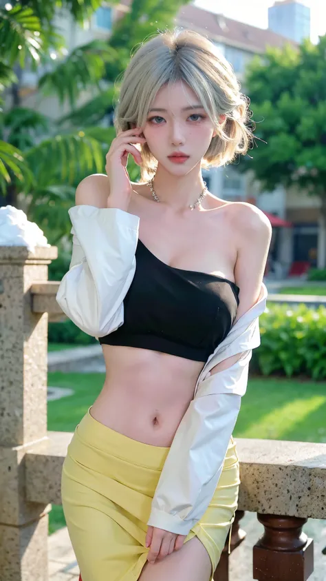 Beautiful woman with perfect figure:1.4，snow，Touching butt with both hands，snow background，Layered Hairstyle，White skin，Prominent cleavage，Pleated Skirt，whole body，Very delicate face and skin texture，Double eyelids，Skin Whitening，Long white hair